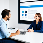 A diverse group of three professional individuals in a modern, brightly lit office space, engaged in a collaborative discussion. One person stands next to a large digital screen displaying a colleague, while two others are seated at a table, all sharing positive expressions and open body language, conveying warmth and understanding. They are fully clothed in modest, appropriate business attire. The atmosphere is inviting and professional. Perfect anatomy, correct proportions, well-formed hands, proper finger count, natural pose, natural body proportions. Professional photography, high resolution, soft focus, bright ambient light, professional studio shot. Safe for work, appropriate content, fully clothed, professional, family-friendly.